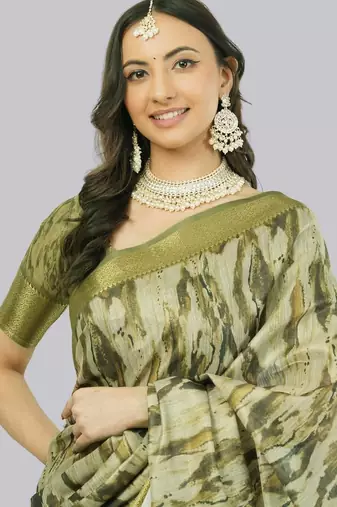 Olive polyester printed saree with blouse