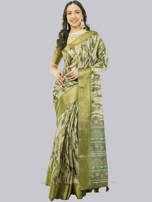 Olive polyester printed saree with blouse 3