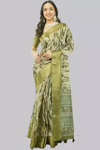 Olive polyester printed saree with blouse