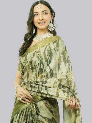 Olive polyester printed saree with blouse 4