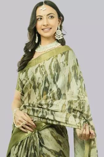 Olive polyester printed saree with blouse