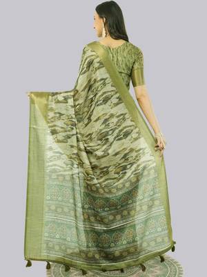 Olive polyester printed saree with blouse 5