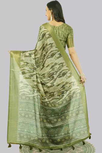 Olive polyester printed saree with blouse