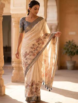 Off white polyester printed saree with blouse 1