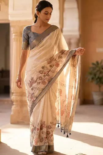 Off white polyester printed saree with blouse