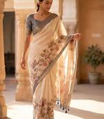 Off white polyester printed saree with blouse