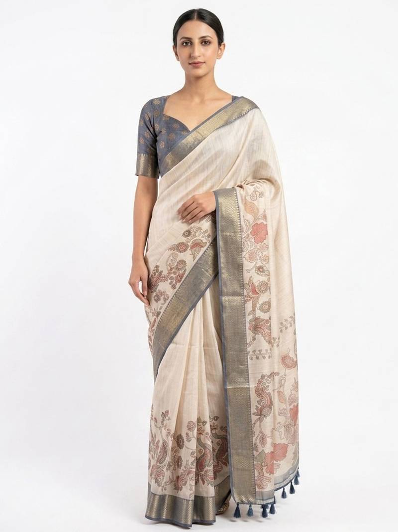 Off white polyester printed saree with blouse