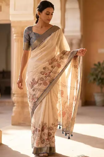 Off white polyester printed saree with blouse