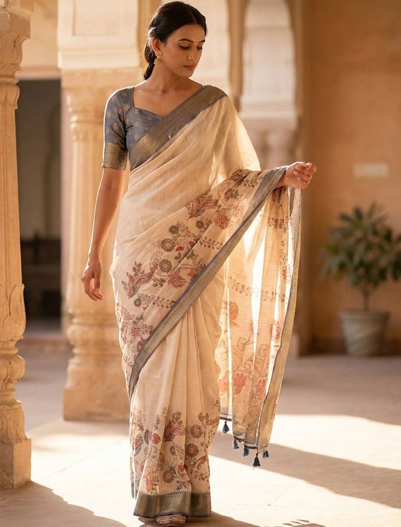 Off white polyester printed saree with blouse