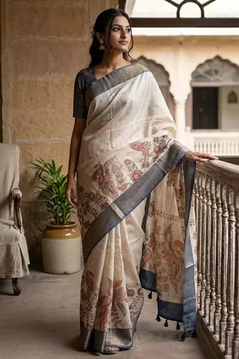 Off white polyester printed saree with blouse