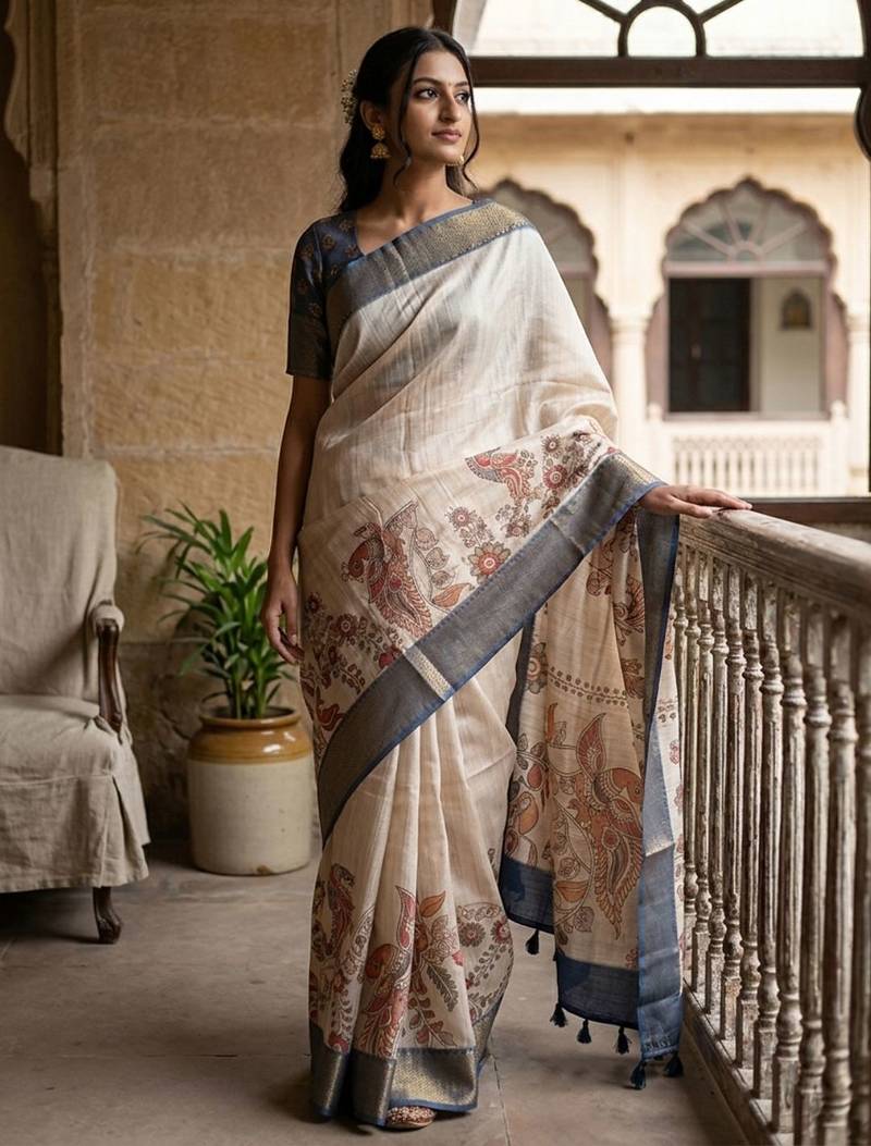 Off white polyester printed saree with blouse