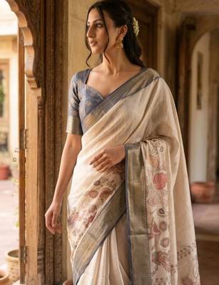 Off white polyester printed saree with blouse 5