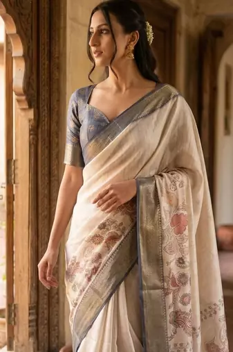Off white polyester printed saree with blouse