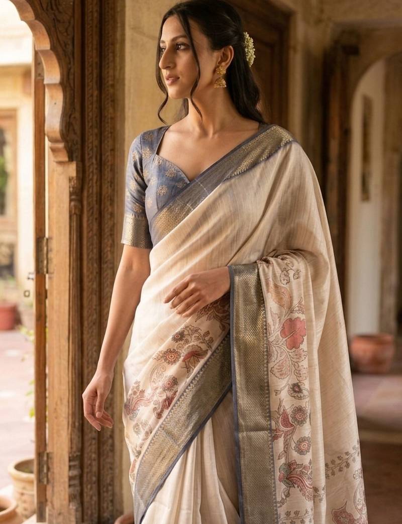 Off white polyester printed saree with blouse
