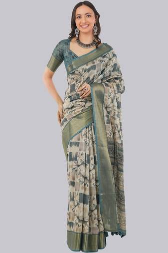 Off white polyester printed saree with blouse