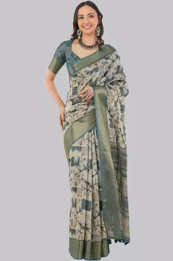 Off white polyester printed saree with blouse