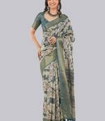 Off white polyester printed saree with blouse