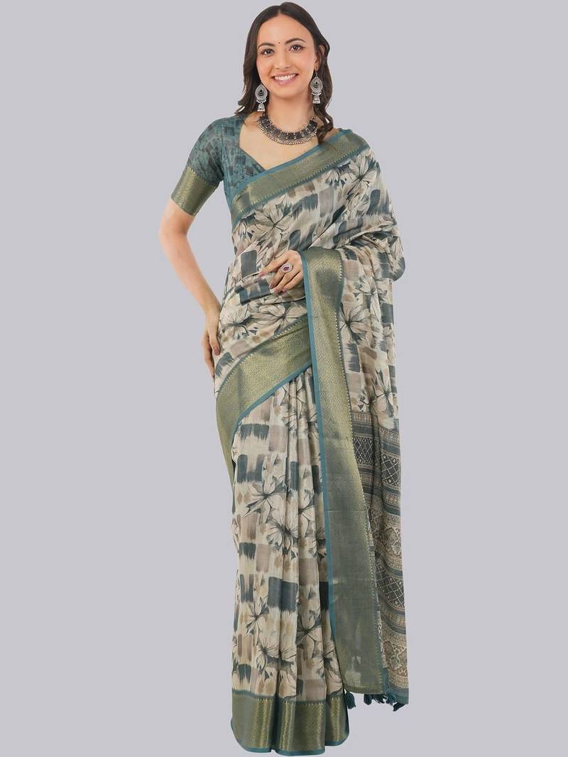 Off white polyester printed saree with blouse