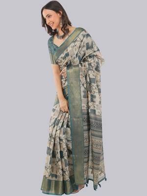 Off white polyester printed saree with blouse 2