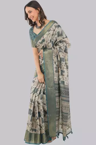 Off white polyester printed saree with blouse