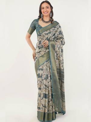 Off white polyester printed saree with blouse 3