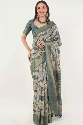 Off white polyester printed saree with blouse