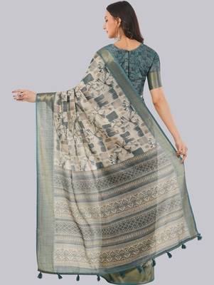 Off white polyester printed saree with blouse 4