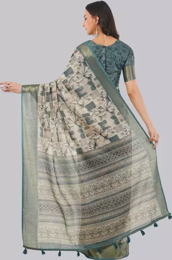Off white polyester printed saree with blouse