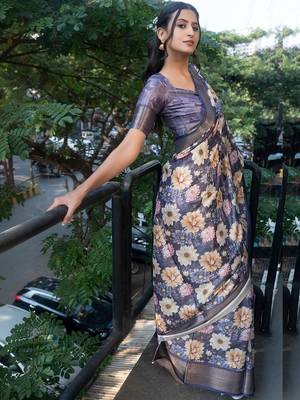 Navy blue polyester printed saree with blouse 1