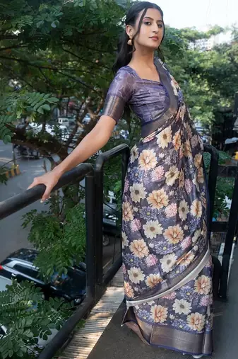 Navy blue polyester printed saree with blouse