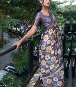Navy blue polyester printed saree with blouse