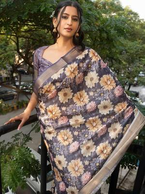 Navy blue polyester printed saree with blouse 2