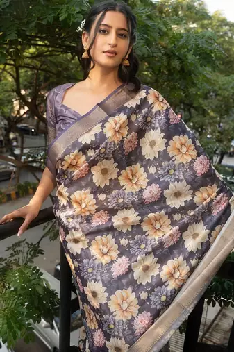 Navy blue polyester printed saree with blouse