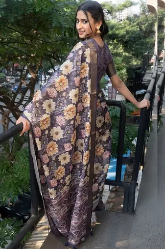 Navy blue polyester printed saree with blouse