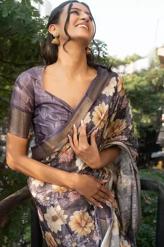 Navy blue polyester printed saree with blouse