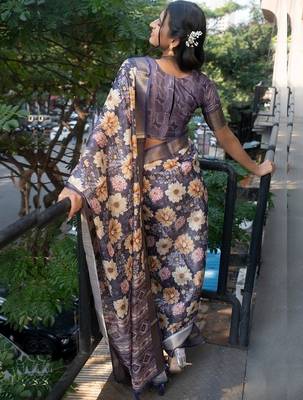 Navy blue polyester printed saree with blouse 5