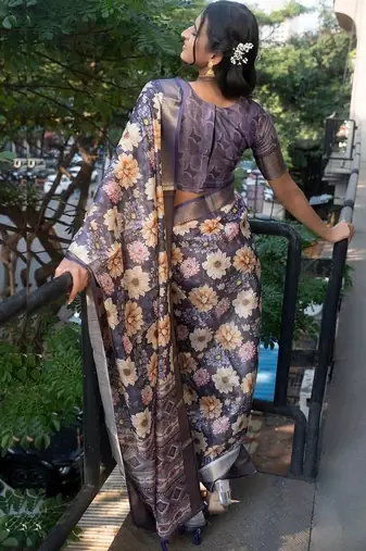 Navy blue polyester printed saree with blouse