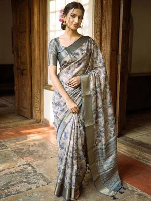 Beige polyester printed saree with blouse 1