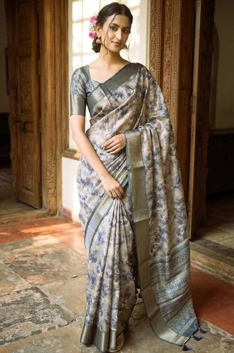 Beige polyester printed saree with blouse
