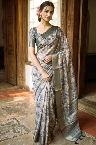 Beige polyester printed saree with blouse