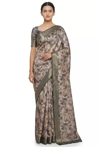 Beige polyester printed saree with blouse