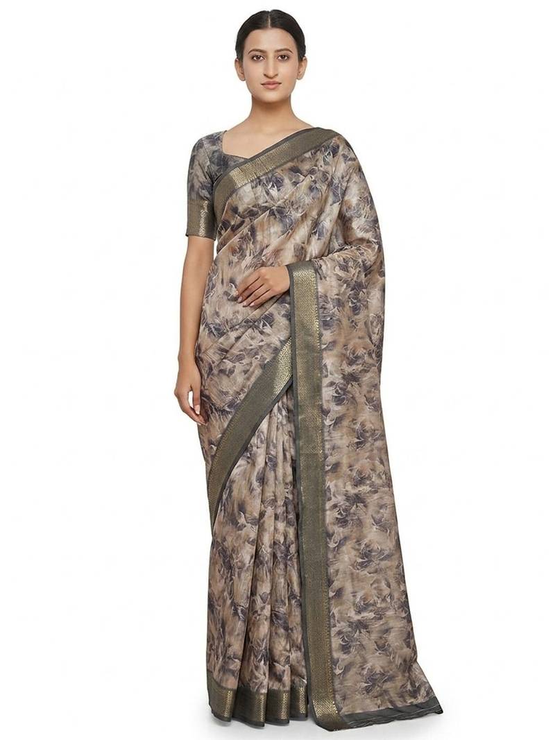 Beige polyester printed saree with blouse