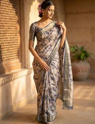 Beige polyester printed saree with blouse 3