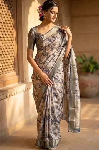 Beige polyester printed saree with blouse