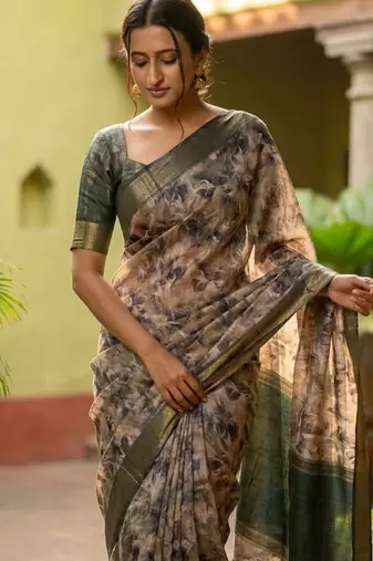 Beige polyester printed saree with blouse