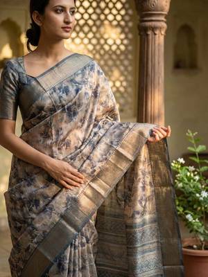 Beige polyester printed saree with blouse 5