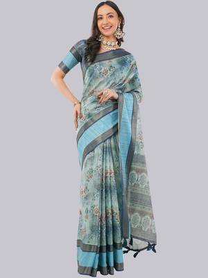 Turquoise polyester printed saree with blouse 1