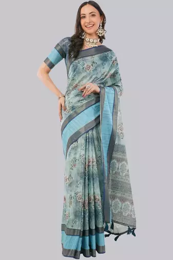 Turquoise polyester printed saree with blouse
