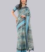 Turquoise polyester printed saree with blouse
