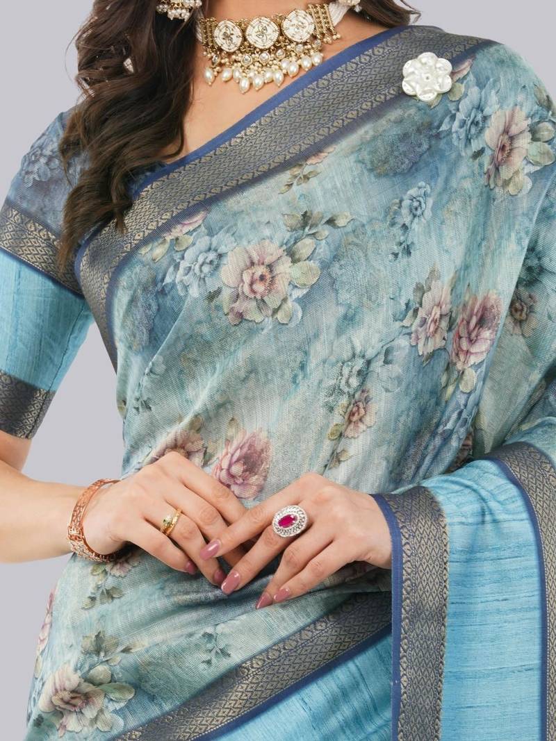 Turquoise polyester printed saree with blouse